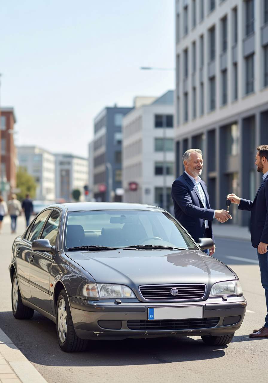 Team in Bönen, ein erfahrener Fahrzeugexperte aus Bönen nimmt das Fahrzeug eines zufriedenen Kunden ab. Seitlich steht der Wagen neben beiden.